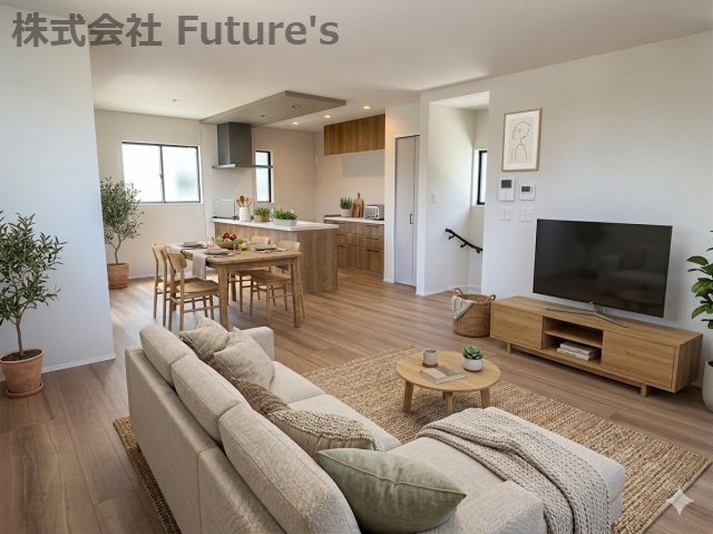 八潮市木曽根　新築戸建の居間・リビング|同施工会社の参考写真にCGによる画像処理を行っています。家具、小物、カーテン等はイメージはCGです。