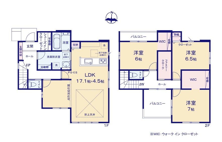 ケイアイフィット　日立市川尻町　8期 　限定1棟！の間取り|　
☆洗面室2WAY出入り口の回遊性のある間取りで生活動線をコンパクトに。SIC、WICなど収納スペース充実でスッキリ片付きます♪全室明るい二面窓、通風も良好です。
