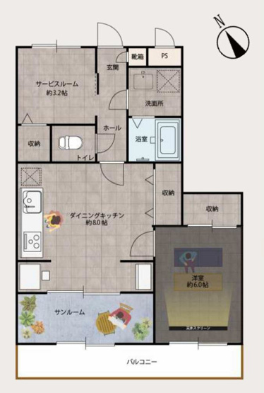 【間取り】 | ヴィラ上溝南 | 1SDKは、キッチン、居室、サービスルームとダイニングを備えた素敵な間取りです。食事やくつろぎの空間を分け、収納や趣味のスペースも確保できます。一人暮らしでも、より快適で充実した生活を送れるでしょう。