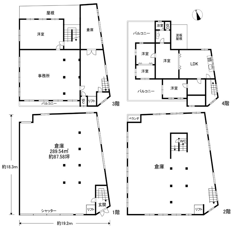 築港４階建倉庫＋事務所の間取り