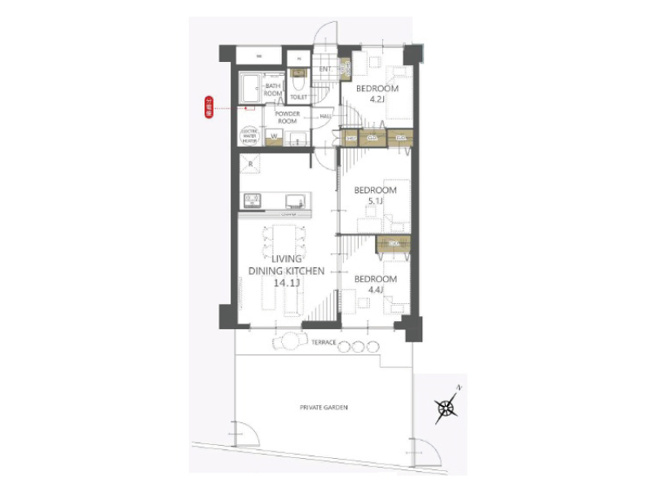 【間取り】 | 成増シティハウス　（成増店） | 明るく開放感のある専用庭付き
※図面を基に作成しています。現況と異なる場合は現況を優先いたします。
※設置されているインテリア家具はディスプレイ用になります。