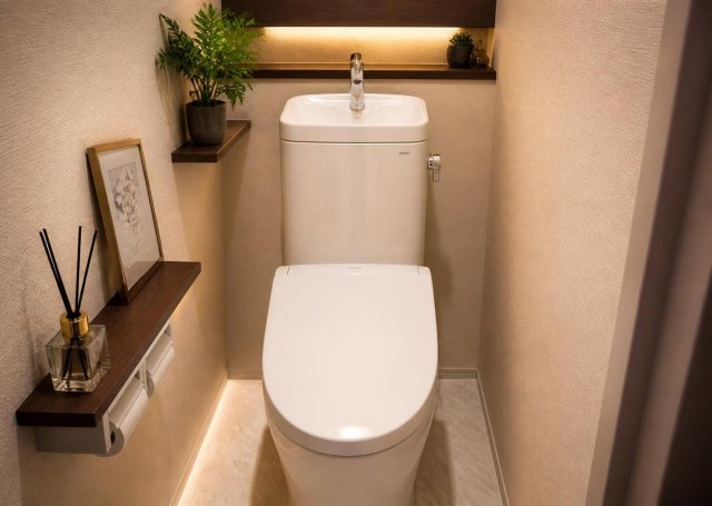 【トイレ】 | 温水洗浄便座付きのトイレを１階と２階の２ヶ所に設置しています。朝の混雑する時間帯もスムーズに使用でき、ご家族皆様が快適に過ごせます。清潔感のある空間で、快適な日常生活をしっかりサポートします。