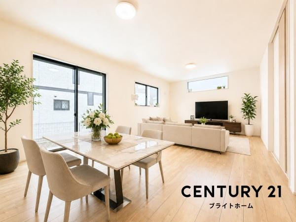 横浜市南区六ツ川３丁目の新築一戸建の居間・リビング|自慢したくなるリビング！
形も良く家具の配置にも困りません。
※家具等はＣＧでの参考レイアウトです。