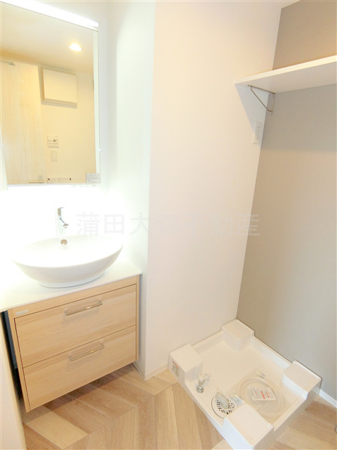 CASA PIAZZAカーサピアッツァ下丸子の洗面所|洗面脱衣所　独立洗面台　鏡裏は収納になっています。