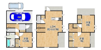 【間取り】 | 山本町５丁１０２番　新築一戸建 | 【駐車２台可能】セカンドカーや来客時にも安心！１台分ビルトインガレージですので、雨の日も愛車が濡れにくく嬉しいですね！