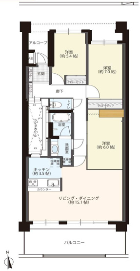 【間取り】 | マイキャッスル椚田 | 3LDKは、リビングダイニングキッチンと3つの居室がある間取り。ファミリー層に非常に人気の高い間取りで、広々としたリビングで家族団らんを楽しみ、個室でプライベートな時間も確保できるのが大きな魅力です。