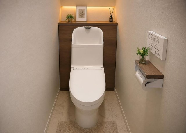 【トイレ】 | マイキャッスル椚田 | 2025年3月に新品へ交換された温水洗浄便座付きトイレです。壁クロスや床材も新しく張り替えられており、清潔感にあふれた居心地の良い空間です。手洗い設備やペーパー保持部も使いやすく配置されています。