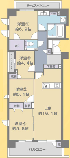 【間取り】 | 小田急コアロード相模原Ⅱ | 4LDKはリビングダイニングキッチンと4つの居室がある間取りで、大家族や二世帯住宅に最適。広々としたリビングで家族団らんを楽しみ、個室でプライベートな時間も確保でき、快適な生活を送ることができますよ。