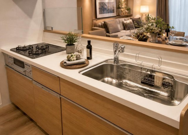 【キッチン】 | 小田急コアロード相模原Ⅱ | 2026年6月新規交換済のシステムキッチンです。お料理中もご家族との会話が弾む対面式デザインを採用。便利な食器洗乾燥機や浄水器を備えており、毎日の家事を効率良く快適にサポートしてくれる仕様です。
