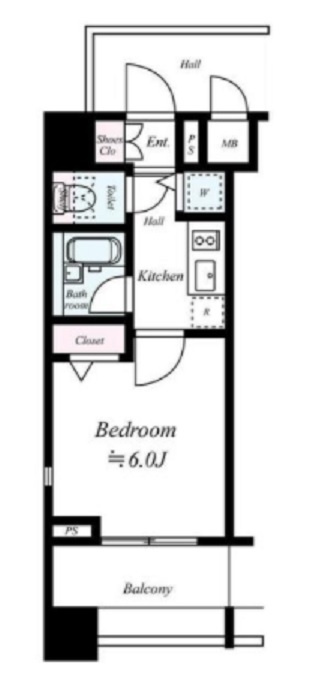 ステージグランデ大森町の間取り|東向きバルコニー南東角部屋の1K洋室6帖バストイレ別