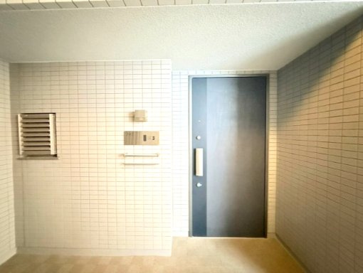 ネバーランド新小岩ブライティスの玄関|玄関前にゆとりを生むアルコーブ。住戸への視線をやわらげ、帰宅の瞬間にも落ち着きを感じる設計です。