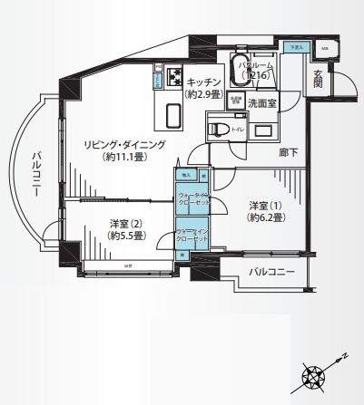 朝日マンション白金通りの間取り|朝日マンション白金通り：南西向き角部屋！全居室ウォークインクローゼット・窓が付いた２ＬＤＫ家具・エアコン付きリノベーション物件はフラット３５＆住宅ローン減税利用可能です！