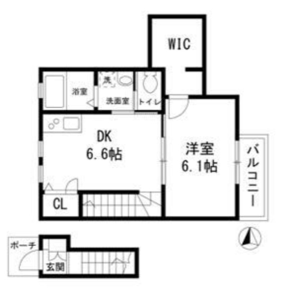 CHAMBRE NISHIKAMATA(シャンブルニシカマタの間取り|ウォークインクローゼット付きがポイント！東向きバルコニーの1DK