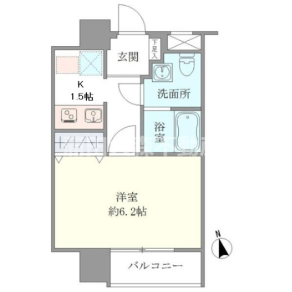 Rising Placeライジングプレイス大森二番館の間取り|南向きバルコニーの1K洋室6.2帖バストイレ別独立洗面台！