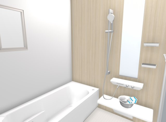 西院金槌町　3階建てプランA　建築条件付土地の完成予想図|【新築参考３階建てプラン/浴室/イメージパース図】
自由設計の為間取りの変更可！
外観や内装のお色味もお選びいただけます！
【新築参考３階建てプランA：建物価格2499万円、建物面積99.3m2】