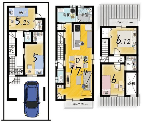 西院金槌町　3階建てプランB　建築条件付土地の区画図