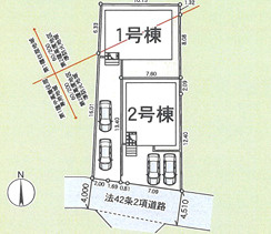平塚市纏１丁目　新築戸建　全２棟の区画図|対象地は１号棟です。
