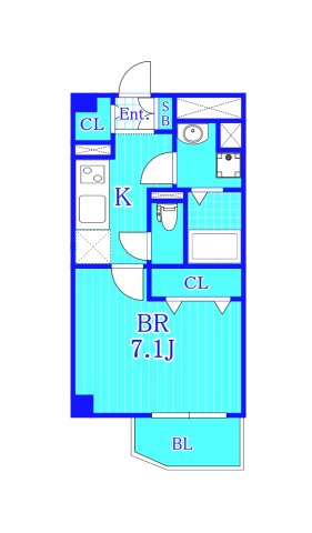 横浜市鶴見区尻手２丁目の賃貸マンションの間取り|1Kの使いやすい間取りです。