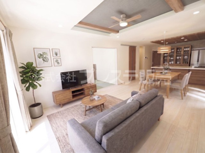 【居間・リビング】 | 奈良市あやめ池南２丁目の新築一戸建 全２区画 | 現地写真（１号地リビング）ＬＤＫ19.7帖！南側の広いお庭に面しています♪
