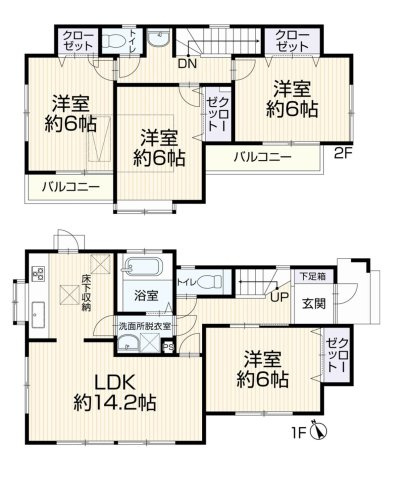 練馬区南大泉6丁目の間取り|建物面積93.15㎡ 2階建て4LDK
全居室6帖以上　洗面所には2箇所から出入り可能
1階にLDK+水廻りを配した生活しやすい間取りです