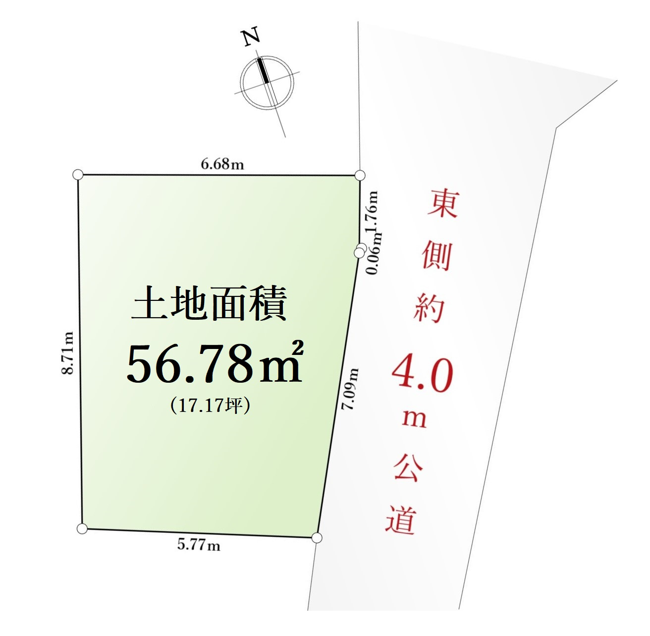 板橋区大谷口北町 限定1区画の土地図|【想いを自由に形へ　建築条件なし売地　限定1区画】
お客様の理想の邸宅を建築いただけます！
是非現地にて実際にご見学ください♪♪
土地面積56.78㎡ 　整形地　現況更地