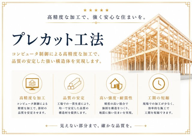 袖ケ浦市長浦駅前5丁目Ⅱの構造・工法・仕様|プレカット工法採用。高精度な加工で、耐震性と品質の安定した住まい。