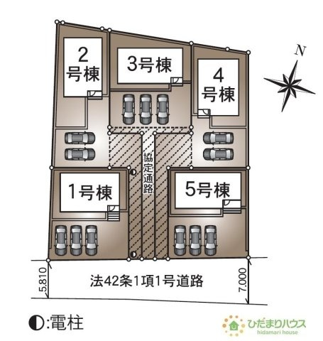 【区画図】 | 常総市水海道諏訪町第3　新築戸建　5号棟 | 時間がない時もらくらくと車の出し入れができる並列駐車場を完備！！
（5号棟）