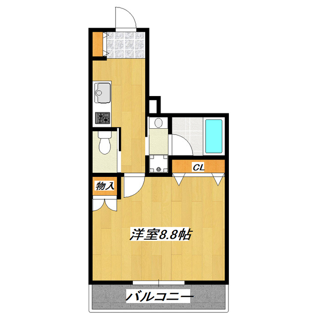 メゾン・ド・ルミエールの間取り|洋室８．８帖の広めのお部屋です。