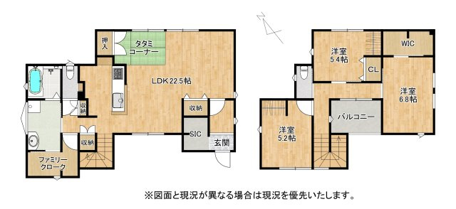守山市森川原町　中古戸建ての間取り|22.5帖LDK＋タタミコーナー。SIC・WIC・ファミリークロークを備えた収納充実プラン。