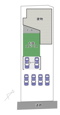 犬上郡豊郷町　新築戸建ての区画図|中庭・デッキ・ガレージまで計算された、余白を楽しむ敷地設計。