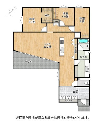犬上郡豊郷町　新築戸建ての間取り|29.2帖LDKを主役にした、平屋とは思えない伸びやかな間取り。