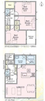 【間取り】 | 南区磯部  3号棟 第58 | 3LDK　防犯カメラ（利用時WiFi接続必要）　ピッキング対策付玄関ドア　人感センサー付玄関灯　インナーバルコニー　浴室乾燥機+窓　全居室収納（WIC1箇所）　LDK17.7帖