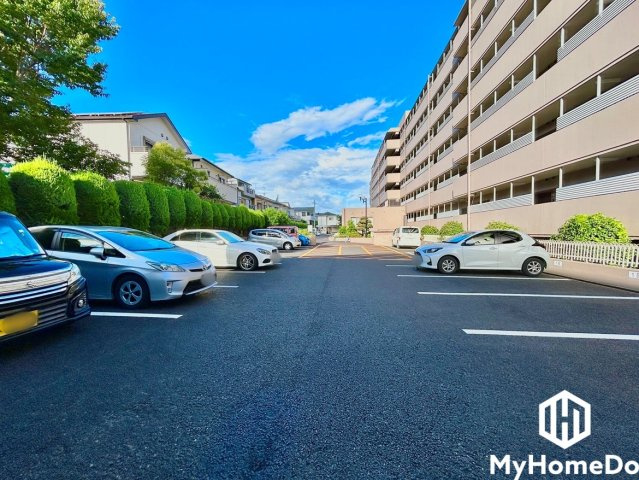 シャトー浅山の駐車場|アスファルトや白線が綺麗に維持されており、周囲には整えられた緑豊かな生垣（植栽）が広がる気持ちの良い駐車環境です。