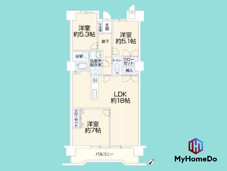 シャトー浅山の間取り|約18帖の広々としたLDKが魅力の3LDK。対面式キッチンからはご家族の様子が見渡せ、お料理中も会話が弾みます。