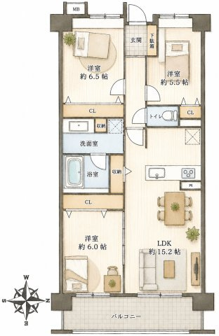 ゼファーヒルズトゥ横浜戸塚の間取り|3LDK、価格3680万円、専有面積73.94m2、バルコニー面積12.00m2 【LDK　15.2帖】 【洋室　6.5帖・6.0帖・5.5帖】 