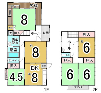 「波浸水区域外エリア」高知市高見町　中古一戸建ての間取り|6DKの広々設計！1階・2階ともに洗面＆トイレ完備！