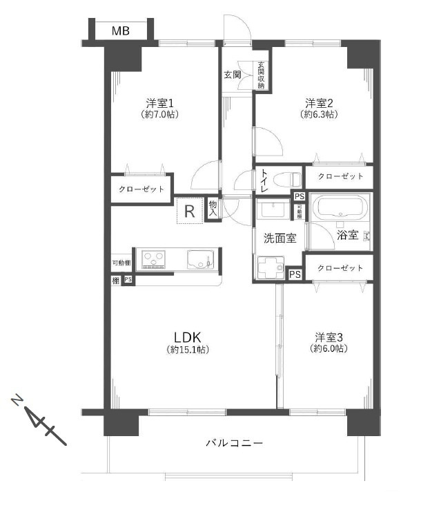 ソフィア所沢の間取り|南西向き、全室洋室の3LDKの間取りです。