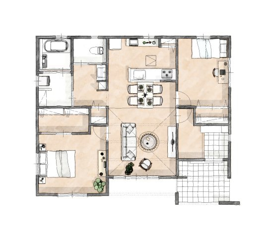 ワイウッドコート羽生市砂山第1期【建築条件付き売地】の参考プラン|【HAPPY METER　平屋施工例イメージパース】
2～3人家族にぴったりな、コンパクトながら快適