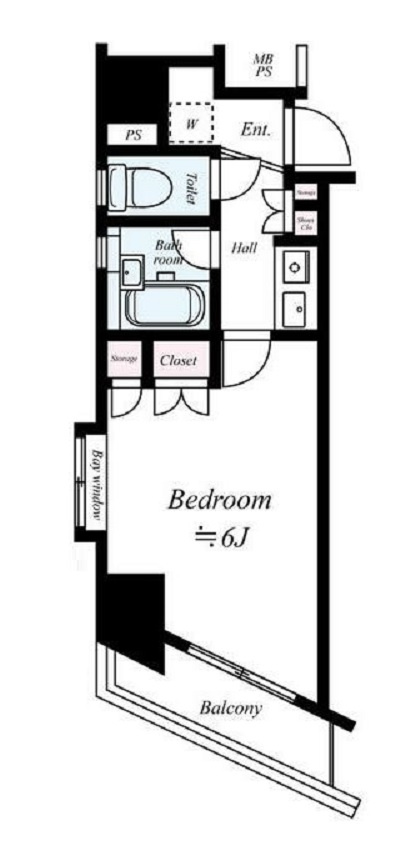 メインステージ蒲田の間取り|西向きバルコニー北西角部屋の1Kバストイレ別