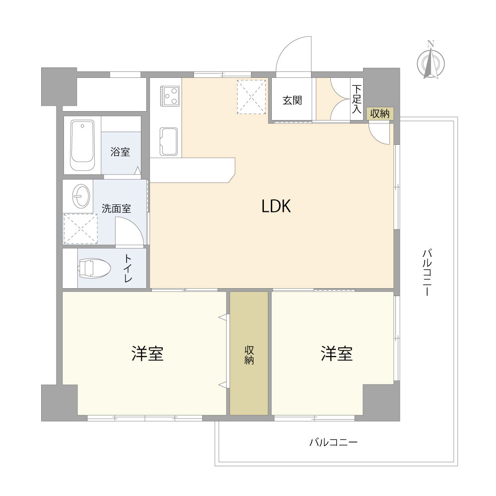 木場スカイハイムの間取り|開放感のあるLDKを中心とした2LDK。各洋室に収納を備え、バルコニーが二方向に面した、採光と開放感を感じられる間取りです。