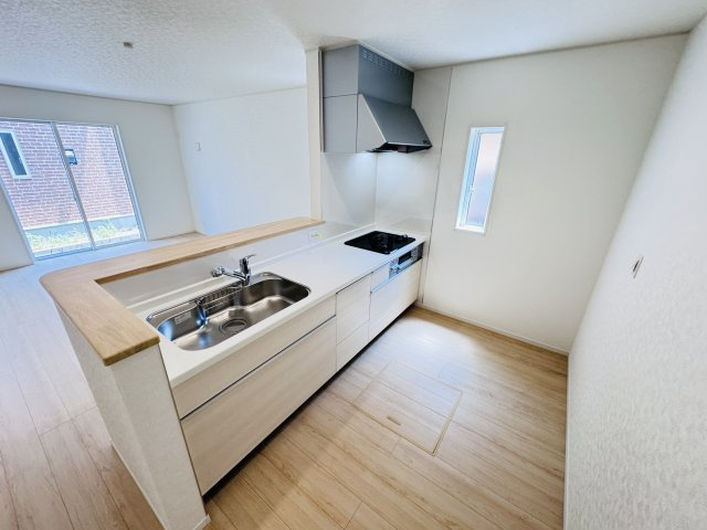 我孫子市寿２丁目新築戸建【我孫子第一小学校：6分】のキッチン|広々システムキッチン・シンクの水栓には浄水器がついてます！