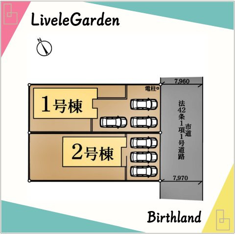 新築戸建・新築建売　足利市本城2丁目　けやき小学校・第二中学校の区画図|【1号棟】前面道路：東側幅員7.9ｍ、駐車スペース３台