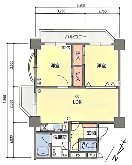 【間取り】 | 高宮オークマンション | 南東角住戸、2面バルコニー付きで室内は明るく風通しも良好です