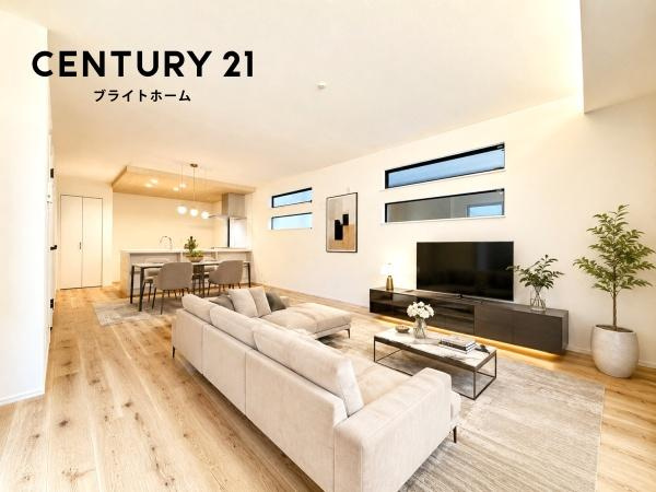 横浜市瀬谷区南台２丁目の新築一戸建の居間・リビング|窓からは明るい光が差し込みます！
電気をつけなくても明るいです。
※家具等はCGでの参考レイアウトです。