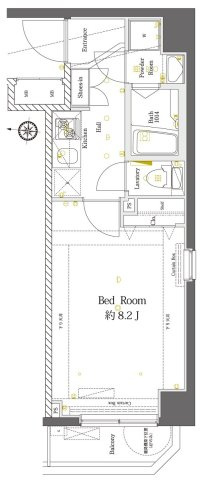 AZESTアゼスト千鳥町の間取り|西向きバルコニー南西角部屋の1K洋室8.2帖独立洗面台バストイレ別