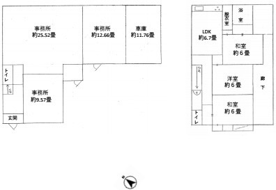 上尾市大字上野本郷　中古戸建の間取り|上尾市大字上野本郷　中古戸建・3LDK+事務所+車庫・土地面積482.29m2・建物面積151.24m2