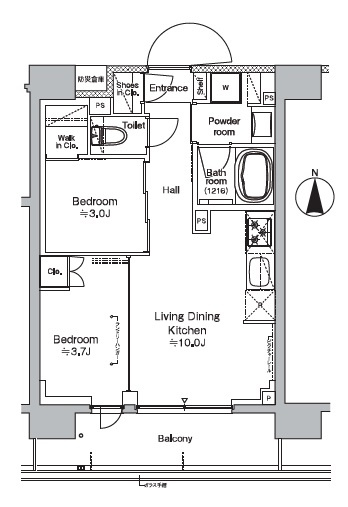 プラウドフラット西蒲田の間取り|南向きバルコニー南西角部屋の2LDK
