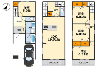 【間取り】 | 昭和通1丁目　新築戸建 | リビング約19.5帖広々設計