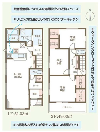 【間取り】 | 東大阪市池島町2丁目　【2号棟/全2棟】 | 【2号棟/全2棟】2階建て♪駐車2台可能♪全居室6帖以上、ゆったり3LDK♪LDK広々18.2帖！収納豊富！全居室にウォークインクローク完備♪南向きバルコニー☆