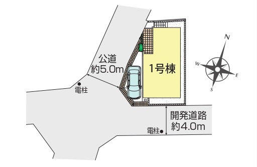 東村山市恩多町2丁目・全1棟　新築一戸建　～南西角地～の区画図|駐車1台可、日当たり・通風良好な南西角地です。